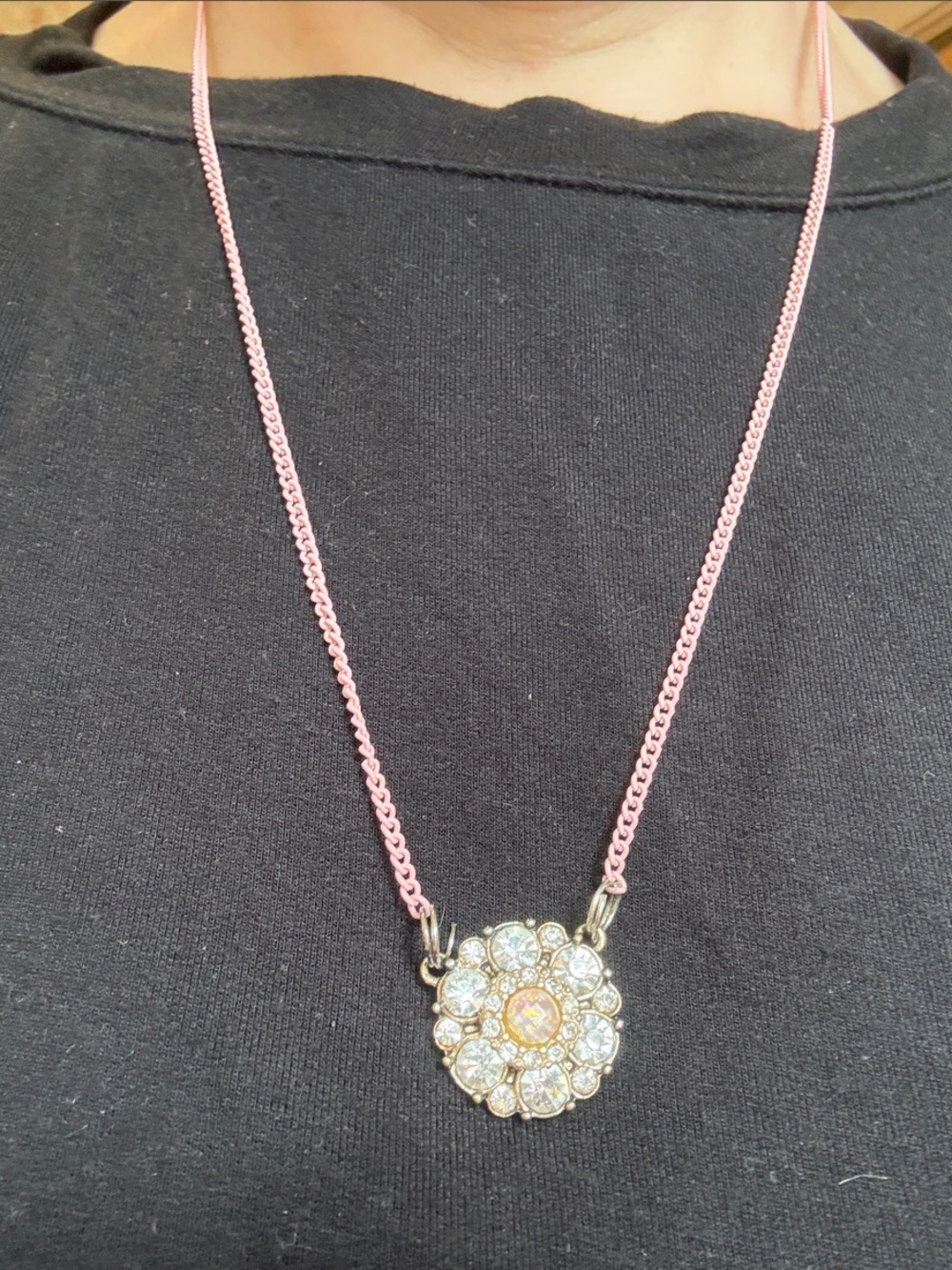 Hand-Crafted Floral Crystal Pendant Necklace in Pink and Silver With Pink Chain